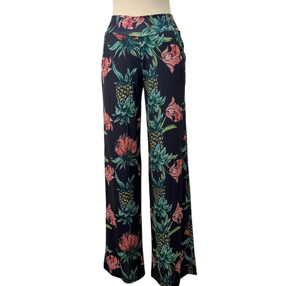 Jean-Pierre Klifa Pineapple Floral Wide Leg Stretchy Pants Navy Blue Size S - Picture 1 of 8